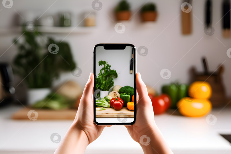 Скачать Смартфон в руке, на кухонном столе разложены свежие овощи. Пользователь фотографирует полезные ингредиенты для приготовления пищи на экране мобильного устройства на фоне аккуратной кухни фотосток Ozero