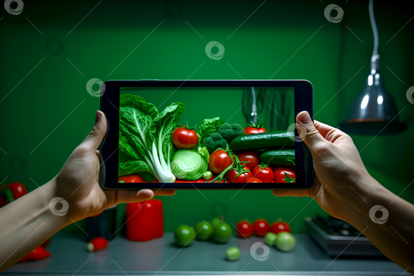 Скачать Руки с планшетом, овощи на витрине. Изображение с камеры планшета ярко-зеленых продуктов как концепции здорового питания. Телефон использовался для фотографирования ассортимента свежих овощей на зеленом фоне фотосток Ozero