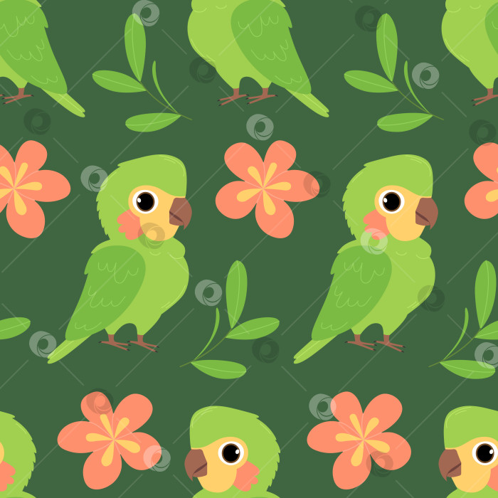Скачать Бесшовный узор с милым зеленым попугаем, цветком и листьями на зеленом фоне. Векторная плоская иллюстрация фотосток Ozero