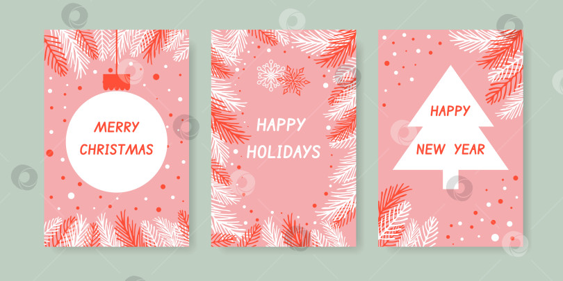 Скачать Набор рождественских открыток с ветками рождественской елки и праздничным новогодним шаром. фотосток Ozero