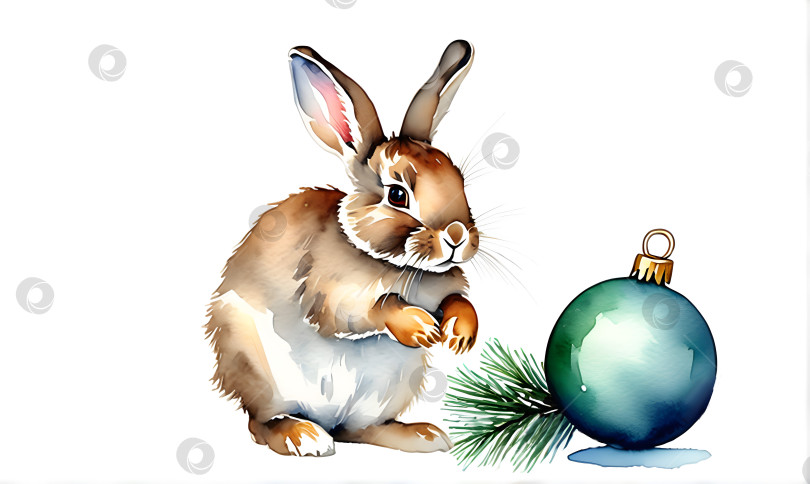 Скачать Милый кролик с голубой рождественской безделушкой. Акварель фотосток Ozero