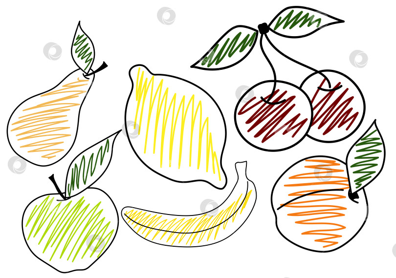 Скачать Яркие цвета векторных коллекций фруктов. Набор фруктов - яблоко, лимон, банан, груша, вишня. Доступен в eps10. фотосток Ozero