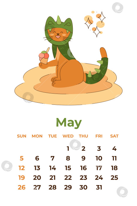Скачать Май 2024. Лист календаря с милым котом в костюме дракона и мороженым. Мультяшная векторная иллюстрация. фотосток Ozero