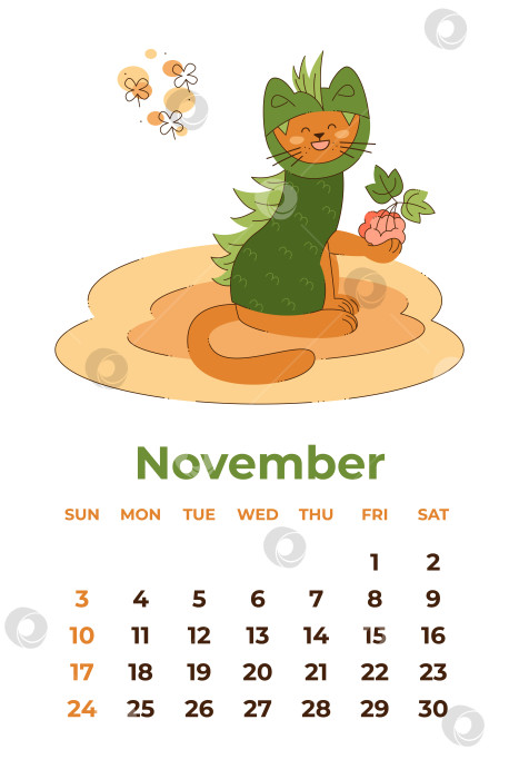 Скачать Ноябрь 2024. Лист календаря с милым котом в костюме дракона и гроздью рябины. Мультяшная векторная иллюстрация. фотосток Ozero