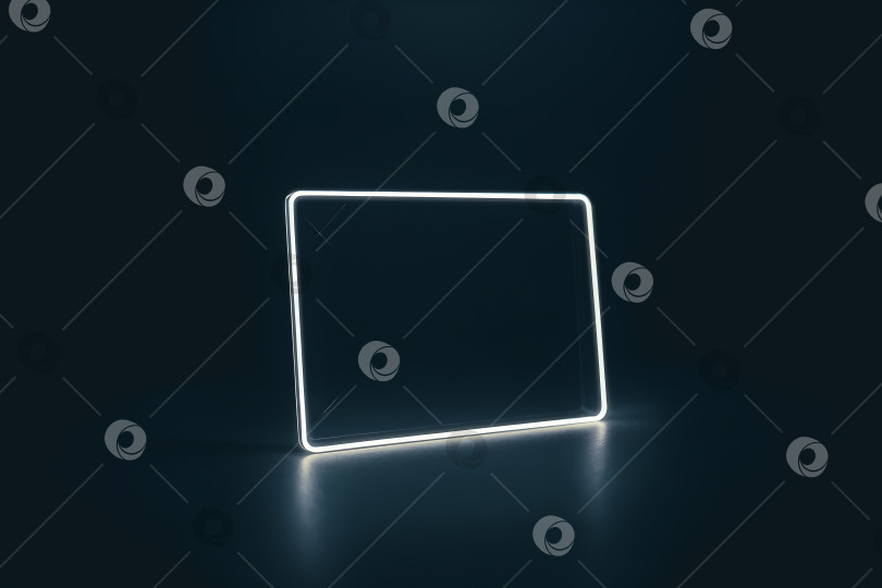 Скачать белая неоновая рамка, стоящая на отражающей поверхности на черном фоне фотосток Ozero
