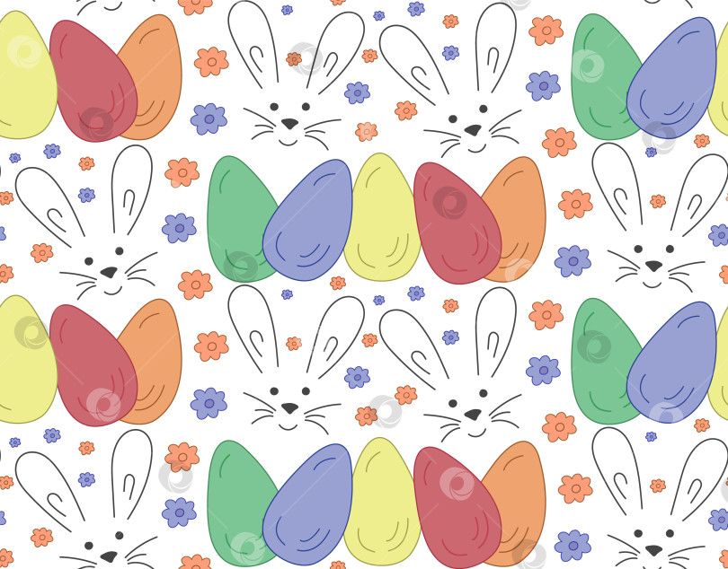 Скачать Бесшовный узор пасхальных яиц, мордочка кролика, цветы. Векторная текстура для пасхального подарка, текстиль. фотосток Ozero
