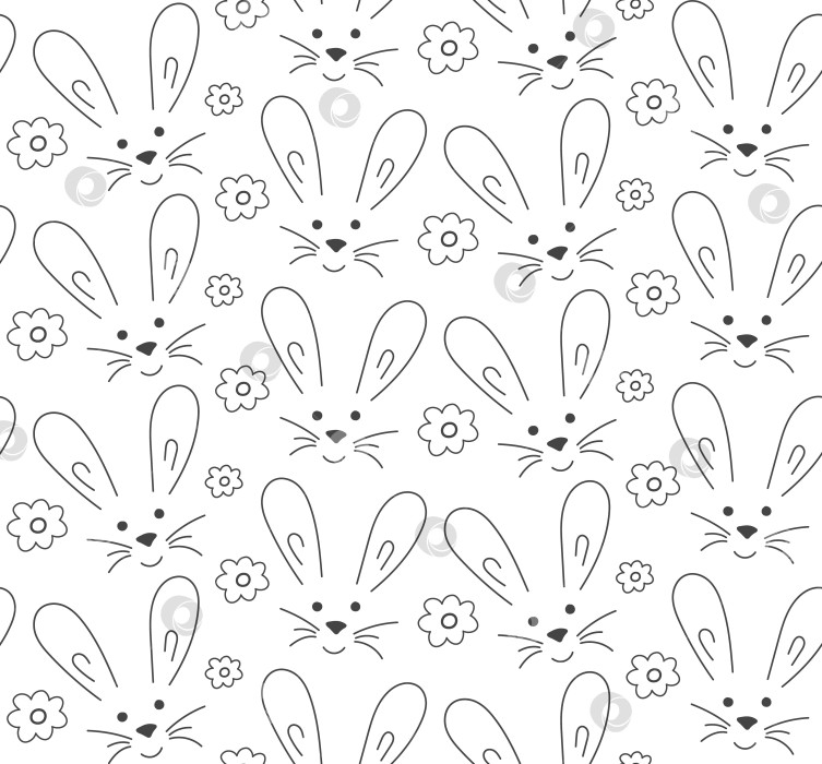Скачать Каракули бесшовный узор Кролик, цветы. Черно-белый вектор. Текстура пасхального подарка, текстиль. фотосток Ozero
