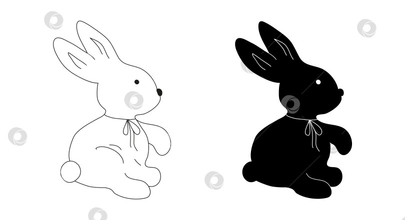 Скачать Силуэты кроликов. Черно-белый контур. Векторное изображение кроликов, зайцев, банта в стиле каракули. фотосток Ozero