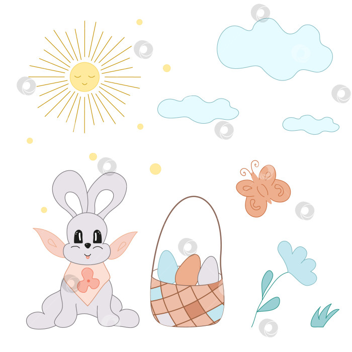 Скачать Векторная открытка кролик, крольчиха, бабочка, пасхальные яйца в корзинке, солнце, облако. Иллюстрация в стиле каракули фотосток Ozero