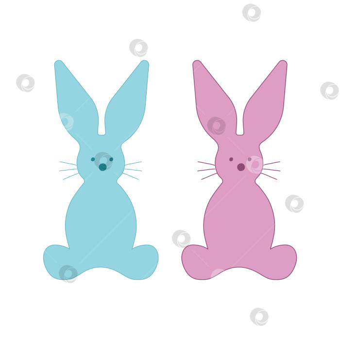 Скачать Силуэты кроликов. Голубой и розовый контуры. Векторное изображение кроликов, зайцев, сердца в стиле каракули. фотосток Ozero