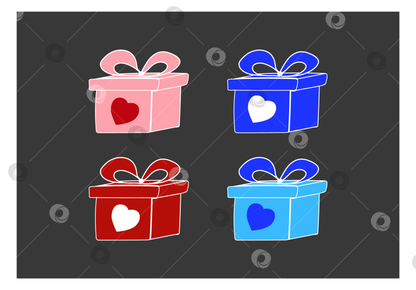 Скачать Набор подарков с бантиками в стиле каракули. Красный, розовый, синий цвета. Подарки с сердечками. Векторная иллюстрация фотосток Ozero
