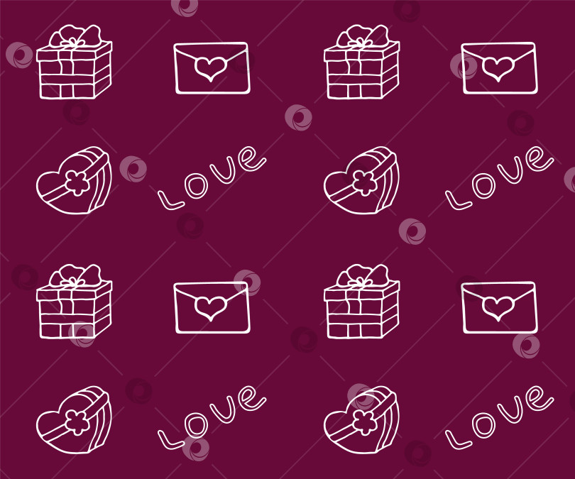 Скачать Бесшовный узор с сердцем, буквой, любовью, подарками. Векторная иллюстрация Viva Magenta День Святого Валентина фотосток Ozero