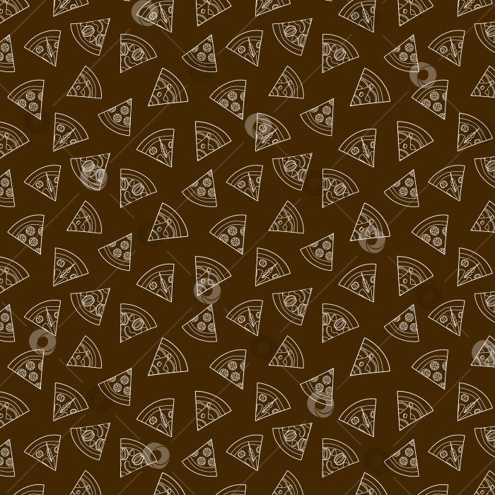 Скачать Бесшовный узор с треугольными ломтиками мясной пиццы пепперони с ветчиной и колбасой на коричневом фоне фотосток Ozero