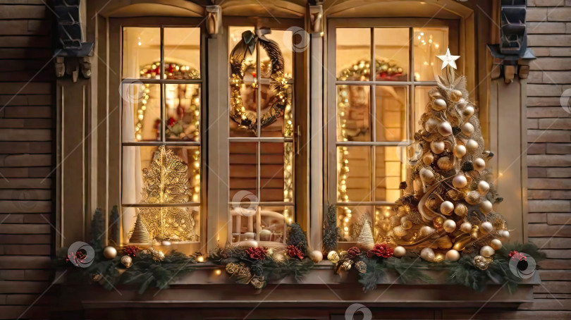 Скачать Уютное окно с рождественским декором и теплым светом внутри - вид снаружи дома. празднуйте Рождество и Новый год, рождественская елка, боке, снег. Искусственный интеллект сгенерирован фотосток Ozero