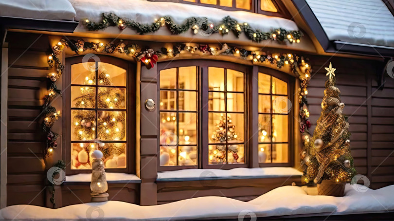 Скачать Уютное окно с рождественским декором и теплым светом внутри - вид снаружи дома. празднуйте Рождество и Новый год, рождественская елка, боке, снег. Искусственный интеллект сгенерирован фотосток Ozero