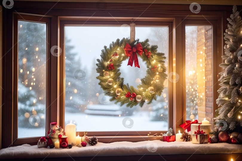 Скачать Уютное окно с рождественским декором и теплым светом - вид изнутри зимой и снегом. празднуйте Рождество и Новый год, Рождественская елка, боке, снег. Искусственный интеллект сгенерирован фотосток Ozero