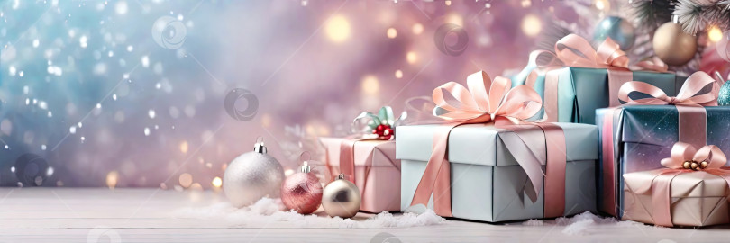 Скачать Рождественский фон с подарочными коробками с бантиками в нежных розовых, бежевых, голубых тонах, боке и сказочным светом. Праздничное настроение Рождества и Нового года. Поздравительная открытка, баннер. Сгенерирован искусственным интеллектом фотосток Ozero