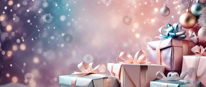 Скачать Рождественский фон с подарочными коробками с бантиками в нежных розовых, бежевых, голубых тонах, боке и сказочным светом. Праздничное настроение Рождества и Нового года. Поздравительная открытка, баннер. Сгенерирован искусственным интеллектом фотосток Ozero