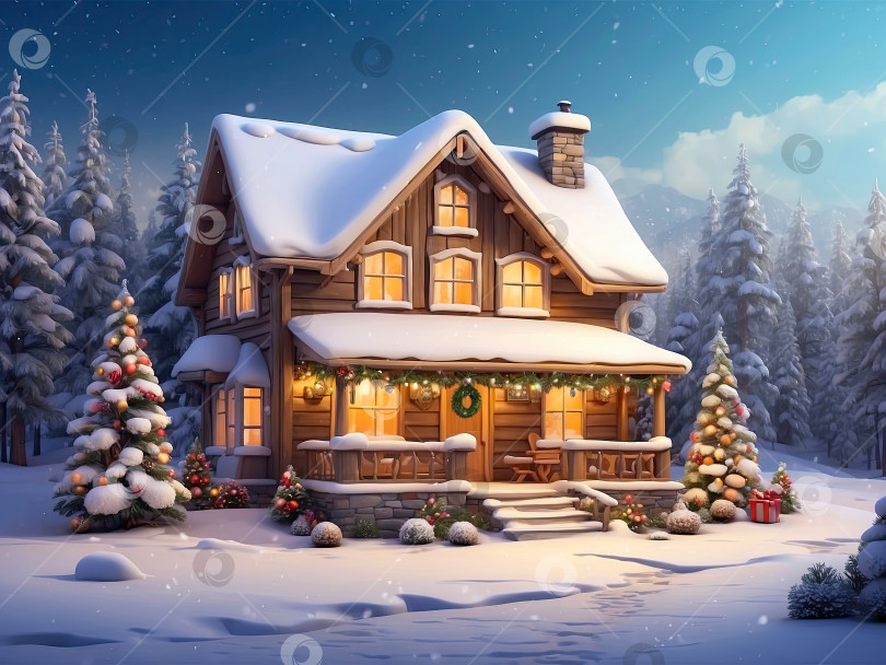Скачать Мультяшный уютный деревянный домик в горах ночью с рождественскими елками и подарками зимой в снегу и снегопадах с рождественским декором - праздничная открытка. Искусственный интеллект сгенерирован фотосток Ozero