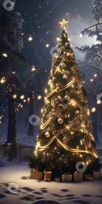 Скачать Сказочная рождественская елка светится теплыми гирляндами с золотым декором в лесу зимой со снегом, коробки с подарками лежат под елкой. Рождество и Новый год, праздничное настроение, поздравительная открытка. Сгенерировано искусственным интеллектом фотосток Ozero