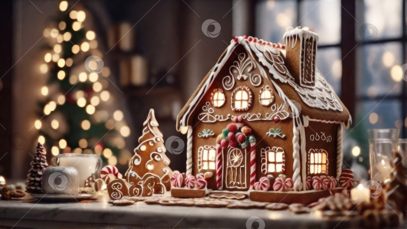 Скачать Традиционный пряничный домик в рождественском декоре и гирляндах на новогоднем фоне. Вкусная ароматная сладость, домашняя выпечка, уют в доме, домашний интерьер. Искусственный интеллект сгенерировал фотосток Ozero