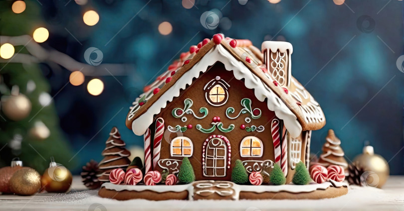 Скачать Традиционный пряничный домик в рождественском декоре и гирляндах на новогоднем фоне. Вкусная ароматная сладость, домашняя выпечка, уют в доме, жилье, ипотека, страхование фотосток Ozero