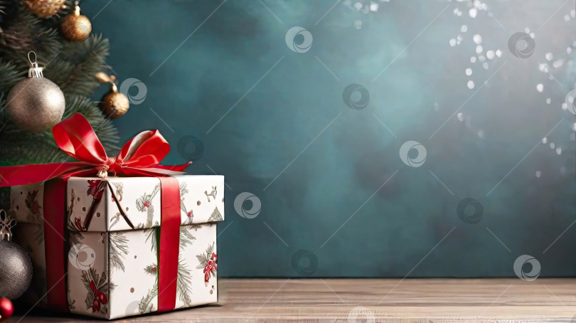 Скачать Рождественский фон с подарочной коробкой классических цветов с красными бантами на деревянном полу и однотонном фоне. Праздничное настроение Рождества и Нового года, скопируйте пространство. Искусственный интеллект сгенерирован фотосток Ozero