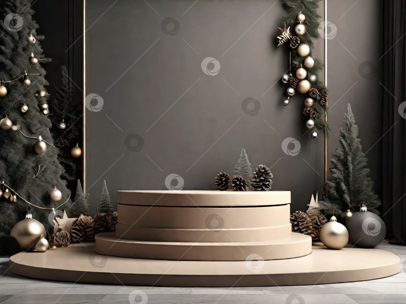 Скачать Круглый геометрический пустой подиум для продукта с рождественским декором в эко-стиле на однотонном фоне. Новогодний продукт, продвижение, реклама, демонстрация на тему природы и экологии, в нейтральных тонах фотосток Ozero