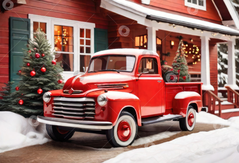Скачать Красный рождественский грузовик в стиле ретро с подарками и рождественской елкой в кузове возле украшенного снегом дома зимой. Праздничная открытка на Рождество и Новый год. фотосток Ozero