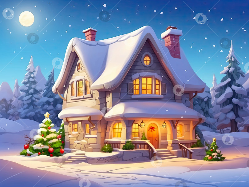 Скачать Мультяшный уютный деревянный домик в горах ночью с рождественскими елками и подарками зимой в снегу и снегопадах с рождественским декором - праздничная открытка. Сгенерированный ИИ фотосток Ozero
