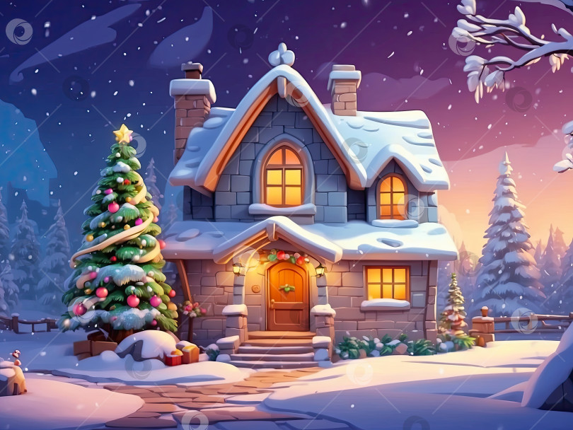 Скачать Мультяшный уютный деревянный домик в горах ночью с рождественскими елками и подарками зимой в снегу и снегопадах с рождественским декором - праздничная открытка. Искусственный интеллект сгенерирован фотосток Ozero