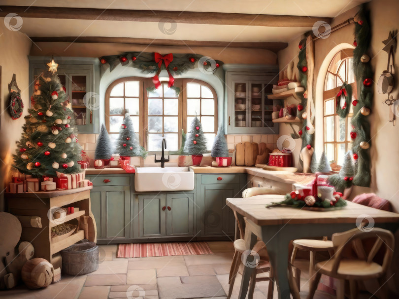 Скачать Уютная деревенская ретро-кухня с рождественским декором, посудой. Поздравительная открытка с Рождеством и Новым годом, домашнее тепло фотосток Ozero