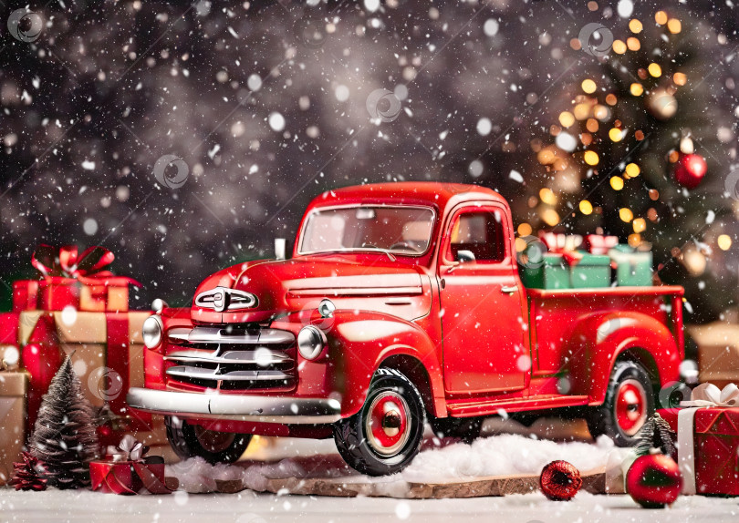Скачать Красный рождественский грузовик в стиле ретро с подарками в кузове на рождественском фоне с эффектом боке зимой со снегом. Праздничная открытка на Рождество и Новый год. фотосток Ozero