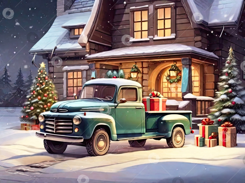 Скачать Зеленый ретро рождественский грузовик с подарками и рождественской елкой в кузове возле украшенного снегом дома зимой. Праздничная открытка на Рождество и Новый год. фотосток Ozero