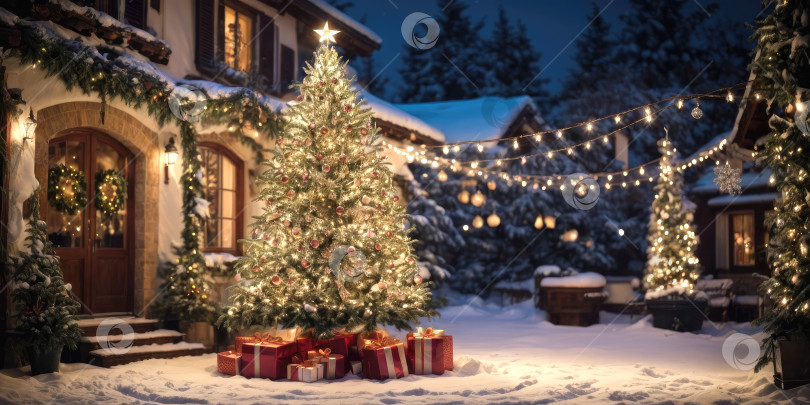 Скачать Сказочная рождественская елка во дворе уютного дома на заднем плане светится теплыми гирляндами с золотым декором, коробки с подарками. Рождество и Новый год, праздничное настроение, поздравительная открытка фотосток Ozero