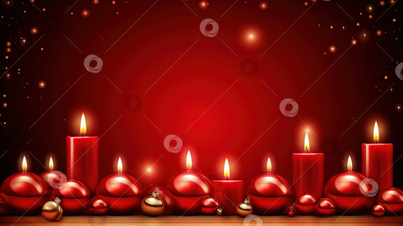Скачать Рождественская открытка с горящими свечами на красном фоне. Сгенерированный искусственный интеллект. фотосток Ozero