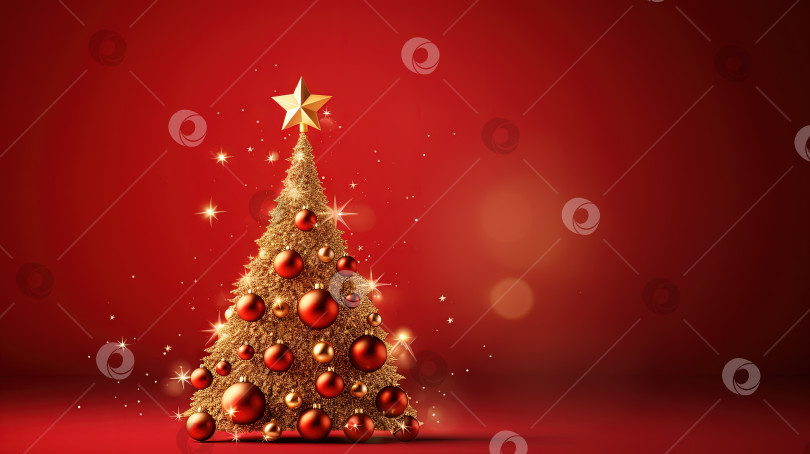 Скачать Шаблон открытки с рождественской елкой на красном фоне. Открытка на зимние рождественские праздники с елкой и золотыми шарами. Сгенерированный искусственный интеллект. фотосток Ozero