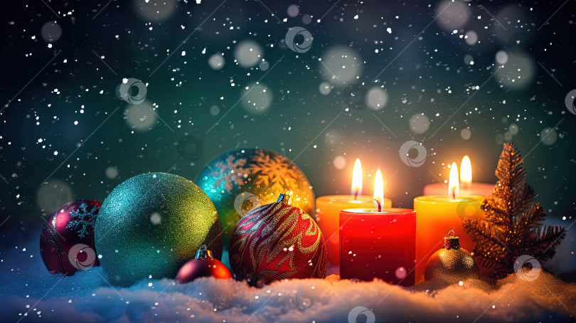 Скачать Рождественская открытка со снегом и свечами. Украшение для зимних праздников и свечи на рождественской сцене. Сгенерированный искусственный интеллект. фотосток Ozero