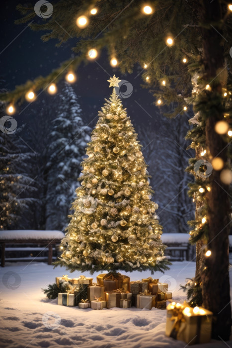 Скачать Сказочная рождественская елка светится теплыми гирляндами с золотым декором в лесу зимой со снегом, коробки с подарками лежат под елкой. Рождество и Новый год, праздничное настроение, поздравительная открытка фотосток Ozero