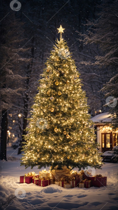 Скачать Сказочная рождественская елка во дворе уютного дома на заднем плане светится теплыми гирляндами с золотым декором, коробки с подарками. Рождество и Новый год, праздничное настроение, поздравительная открытка. Сгенерировано искусственным интеллектом фотосток Ozero