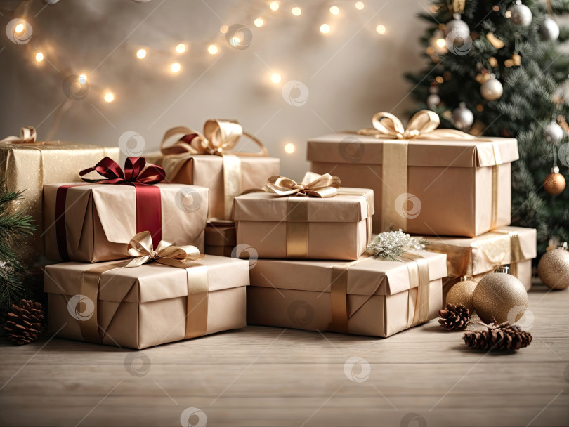 Скачать Рождественский фон с подарочными коробками с бантами в нейтральных тонах натурального эко-стиля, боке и сказочный свет, рождественская елка в интерьере дома. Праздничное настроение Рождества и Нового года, открытка, сгенерированная искусственным интеллектом фотосток Ozero