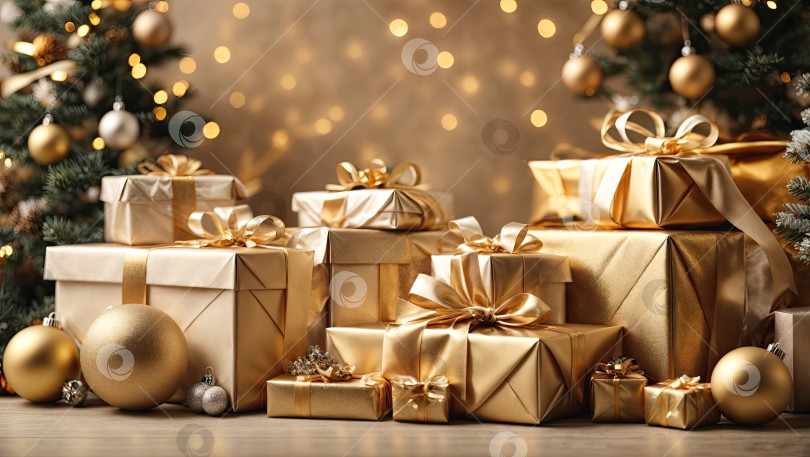Скачать Рождественский фон с подарочными коробками с бантами в ярких золотых тонах, боке и сказочный свет, рождественская елка в интерьере дома. Праздничное настроение Рождества и Нового года, открытка. Сгенерировано искусственным интеллектом фотосток Ozero