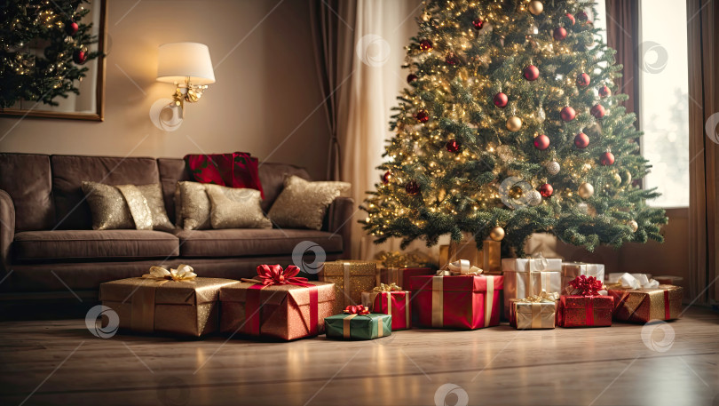 Скачать Сказочная рождественская елка в классическом стиле с красно-золотым декором в темной комнате гостиной, коробки с подарками лежат под елкой. Рождество и Новый год, праздничное настроение. Искусственный интеллект сгенерирован фотосток Ozero