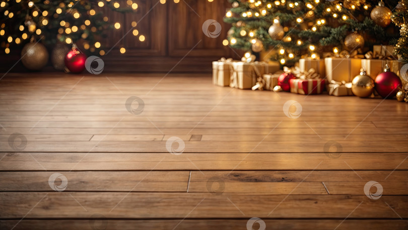 Скачать Пустой деревянный пол в коричневых и золотистых тонах для демонстрации товаров на стене в интерьере помещения с рождественским декором. Скопируйте пространство, Рождество и Новый год. Сгенерировано искусственным интеллектом фотосток Ozero