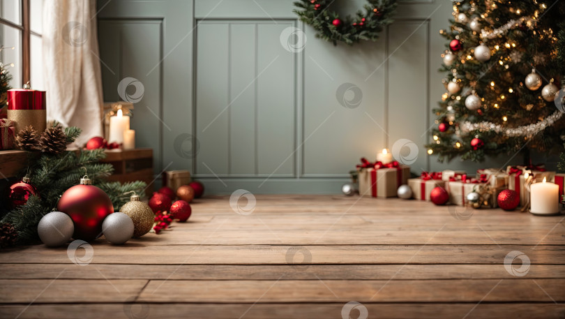 Скачать Пустой деревянный пол нейтральных тонов для демонстрации товаров со стеной в интерьере помещения в зеленых и коричневых тонах, с рождественским декором. Скопируйте пространство, Рождество и Новый год. Сгенерировано искусственным интеллектом фотосток Ozero