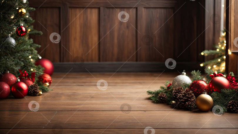 Скачать Пустой деревянный пол в коричневых и золотистых тонах для демонстрации товаров на стене в интерьере помещения с рождественским декором. Скопируйте пространство, Рождество и Новый год. Сгенерировано искусственным интеллектом фотосток Ozero