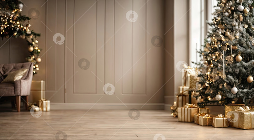 Скачать Пустой деревянный пол в нейтральных натуральных бежевых тонах для демонстрации товаров на стене в интерьере помещения с рождественским декором. Скопируйте пространство, Рождество и Новый год. Сгенерировано искусственным интеллектом фотосток Ozero
