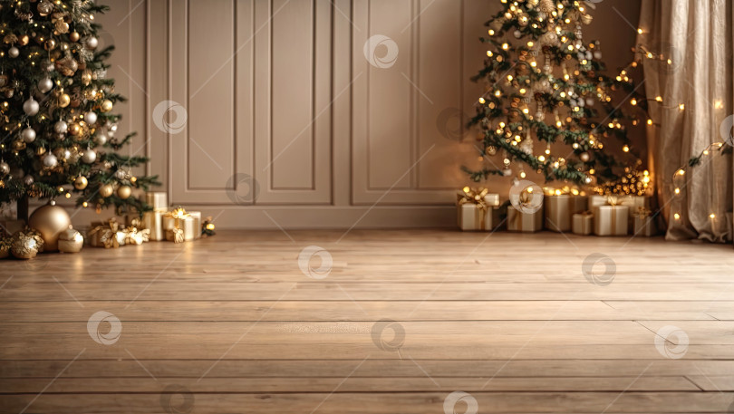 Скачать Пустой деревянный пол в нейтральных естественных бежевых тонах для демонстрации товаров на стене в интерьере помещения с рождественским декором. Скопируйте пространство, Рождество и Новый год. Сгенерировано искусственным интеллектом фотосток Ozero