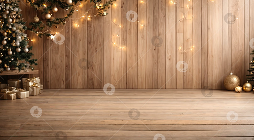Скачать Пустой деревянный пол в нейтральных естественных бежевых тонах для демонстрации товаров на стене в интерьере помещения с рождественским декором. Скопируйте пространство, Рождество и Новый год. Сгенерировано искусственным интеллектом фотосток Ozero