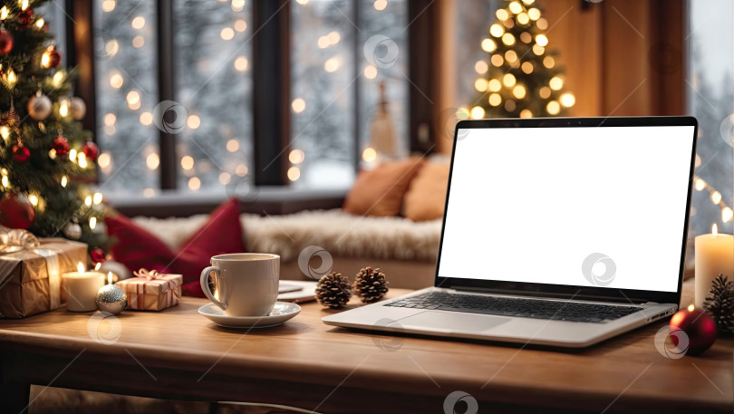 Скачать Макет ноутбука с белым экраном на столе на фоне рождественского декора комнаты с рождественской елкой, гирляндами, уютной комнатой. Сгенерированный ИИ фотосток Ozero